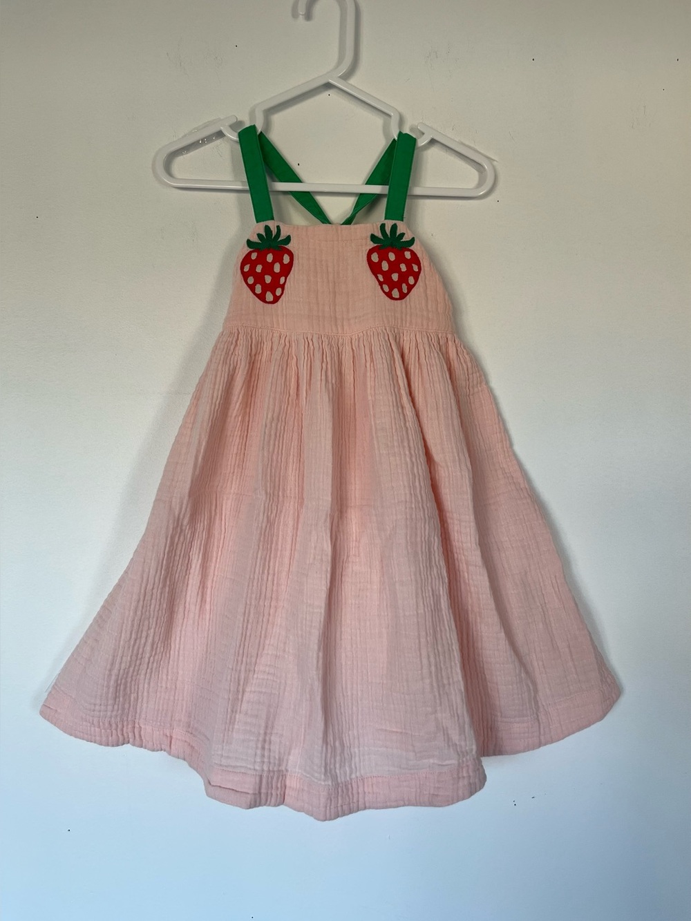 BÉBÉ DE PINO Pink Strawberry Sundress for Girls with Green Straps.